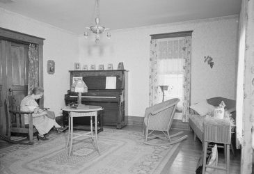 black and white photo of old house living room