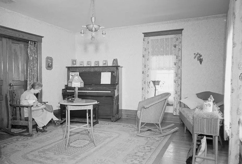 black and white photo of old house living room