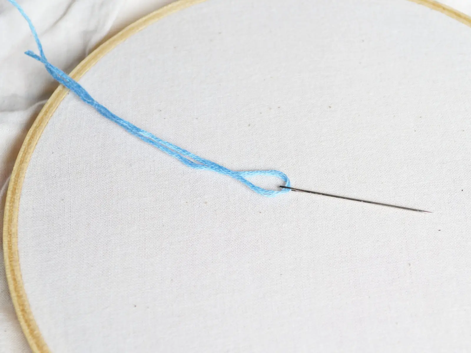 threaded needle sitting on embroidery hoop with fabric