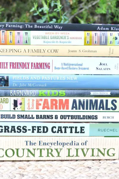 stack of 10 books about homesteading