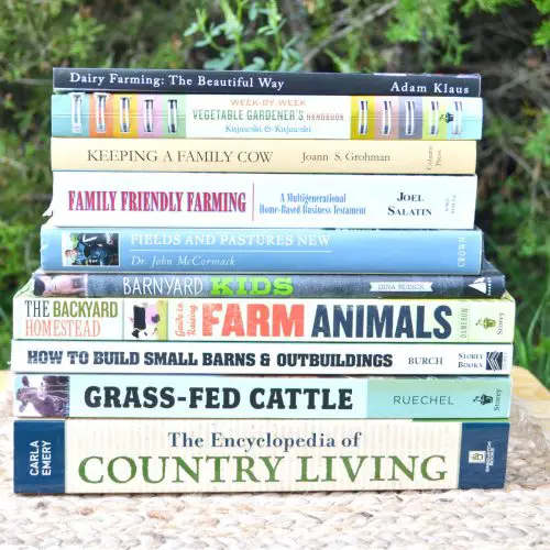 stack of 10 books about homesteading