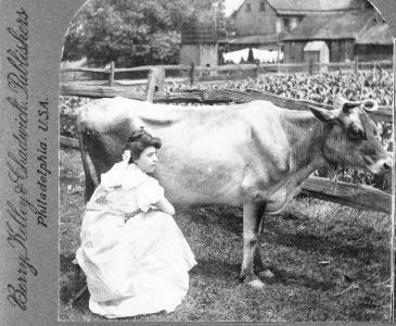 vintage housewife milking a jersey milk cow