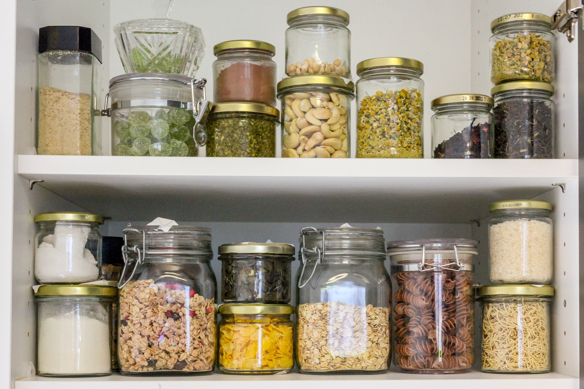 pantry shelves with glass jars