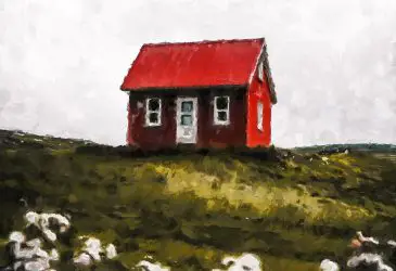 oil painting of red house on a hill