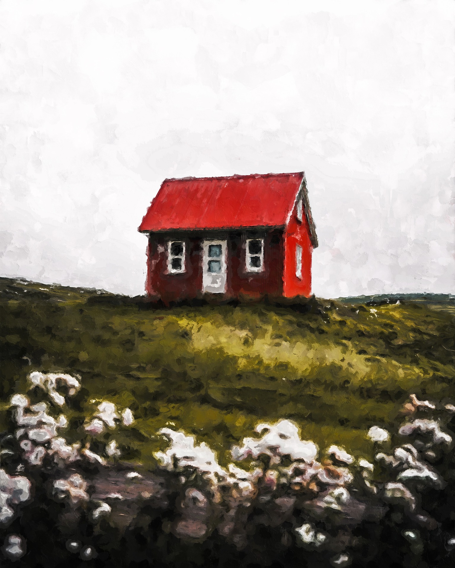 oil painting of red house on a hill