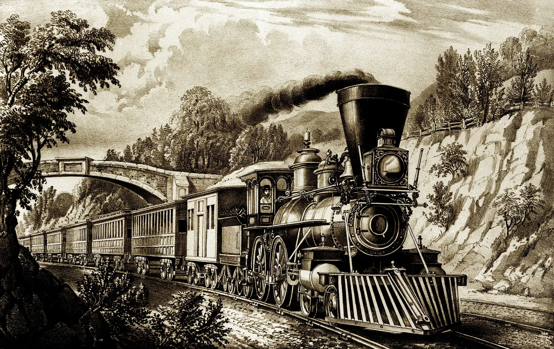 black and white illustration of steam train
