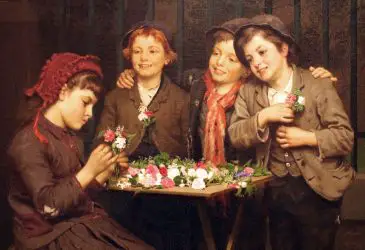 oil painting of children smiling with flowers