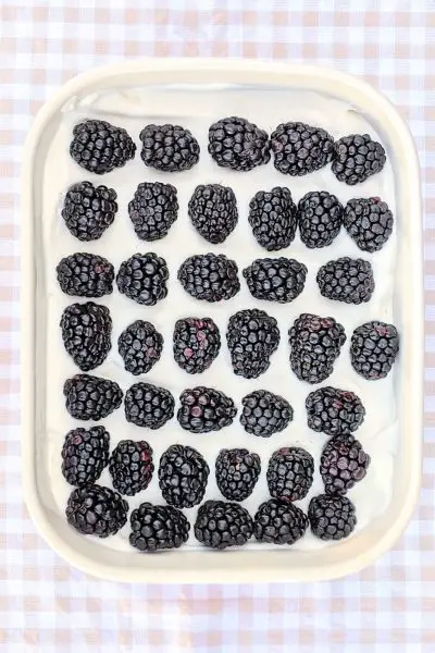 top view of blackberry icebox cake in pan