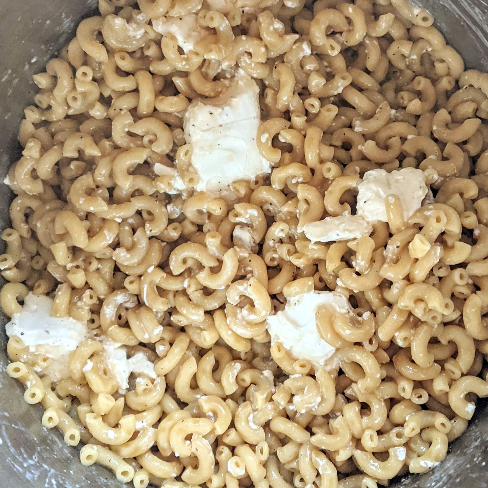 cubed cream cheese in cooked macaroni
