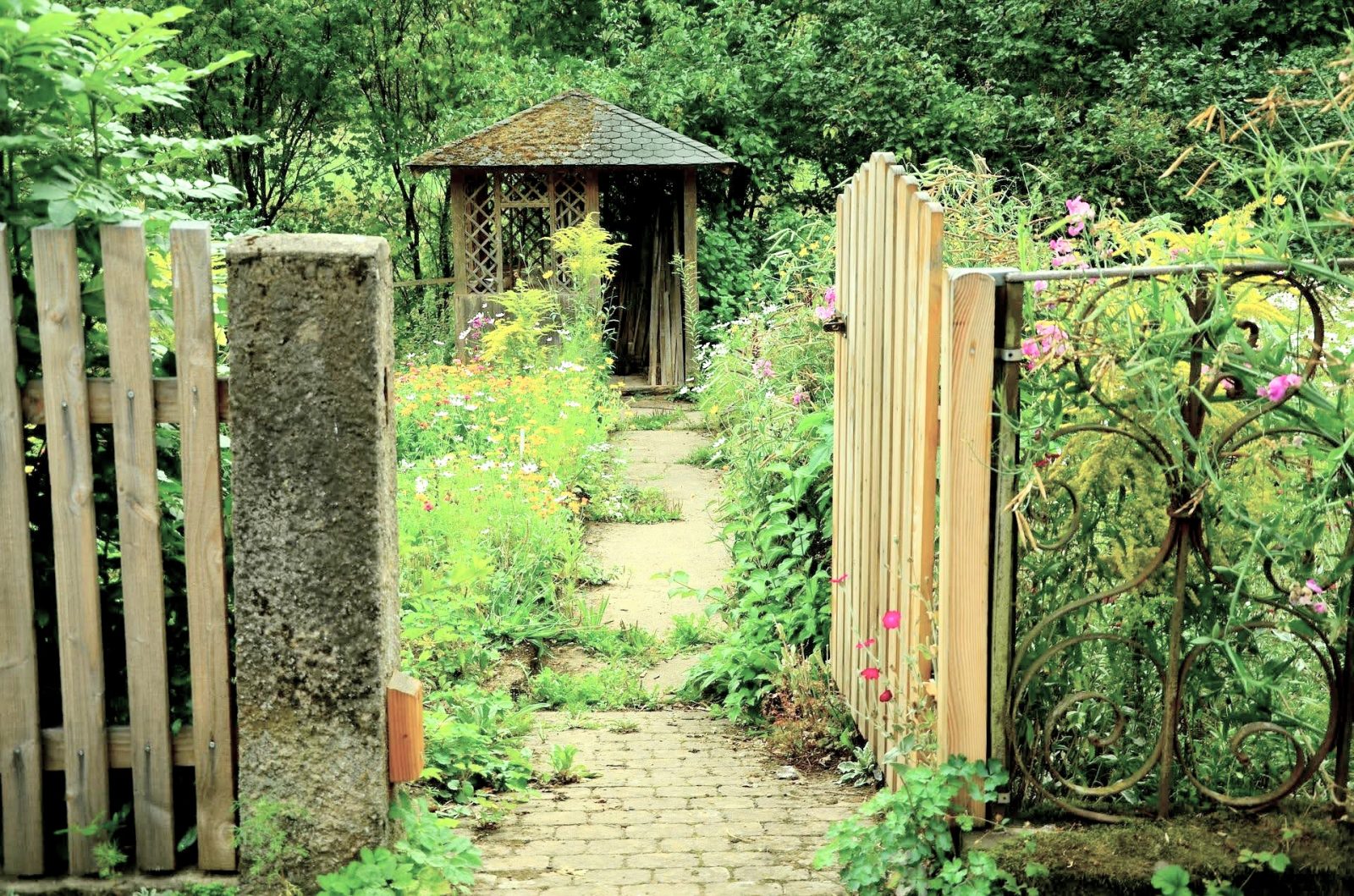 fenced garden with open gate leading in