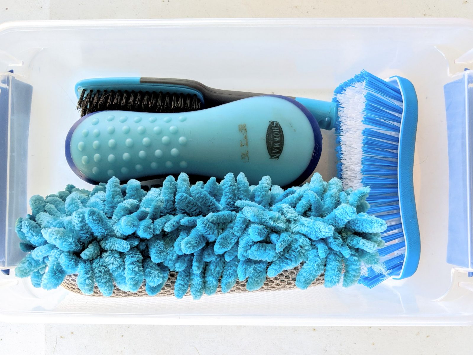 blue brushes and sponges in plastic box