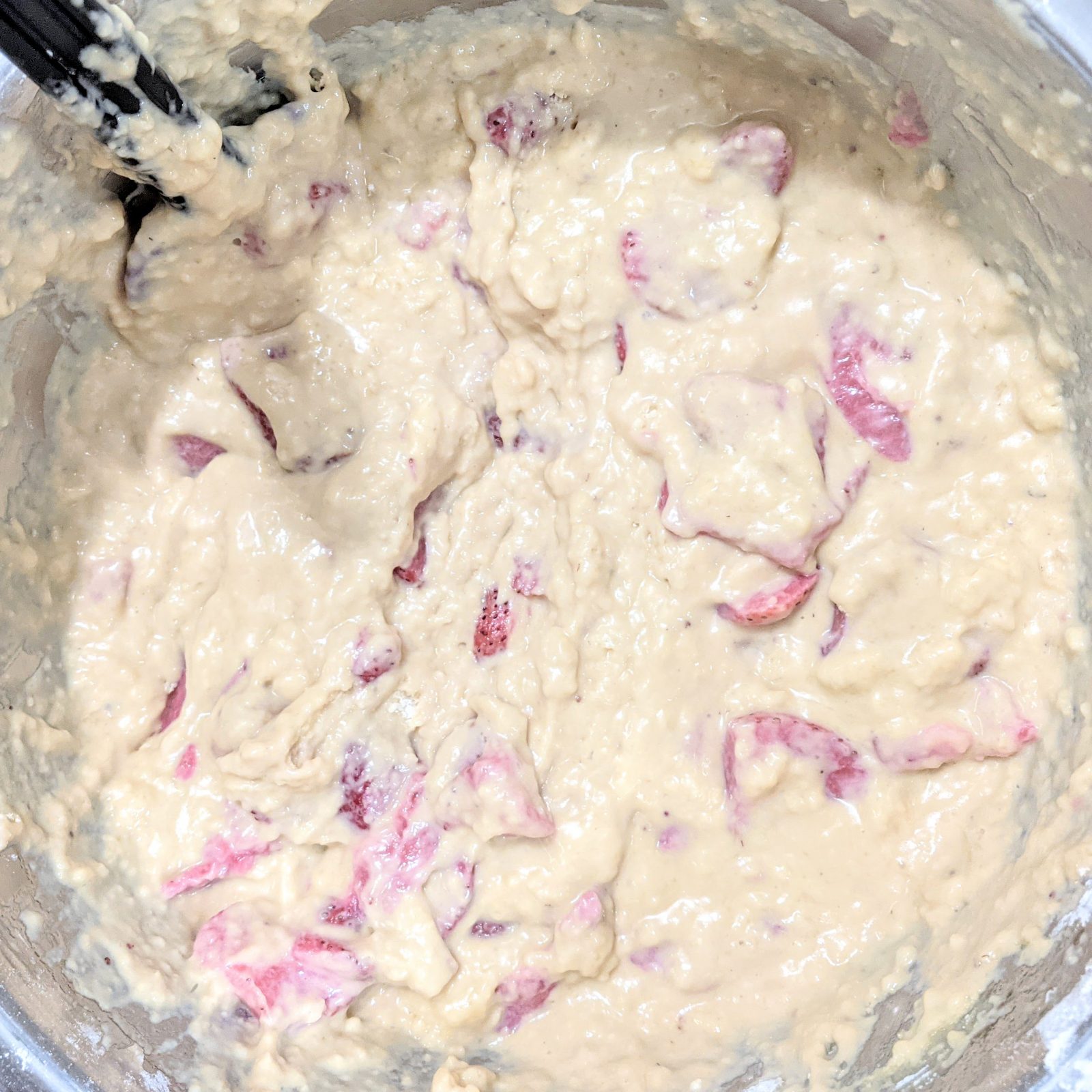 strawberry muffin batter in large bowl